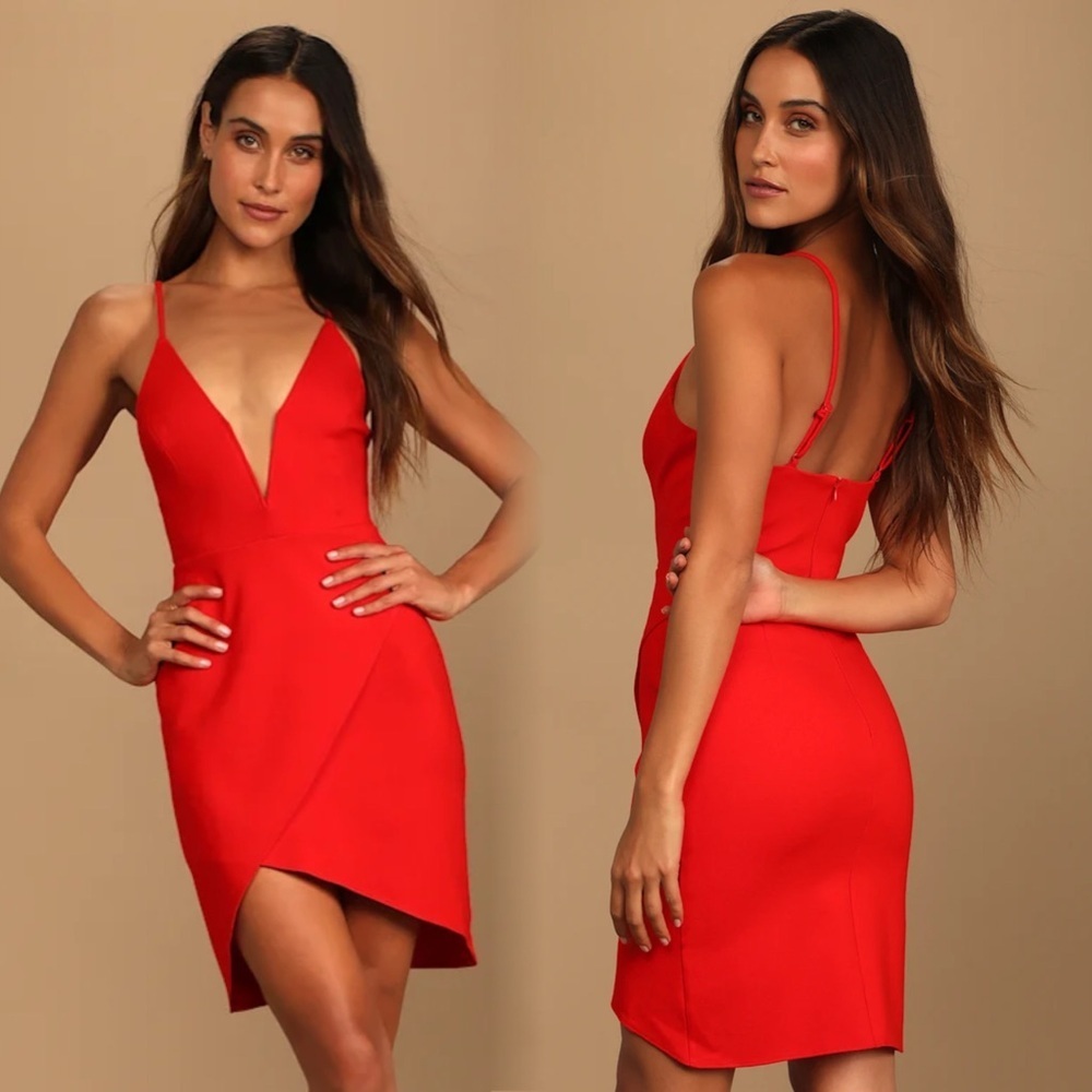 Lulu's Dare to Take the Plunge Red Tulip Cocktail Mini Dress Asymmetrical